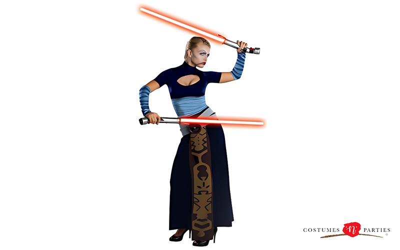 Woman wearing a sci-fi costume with two lightsabers